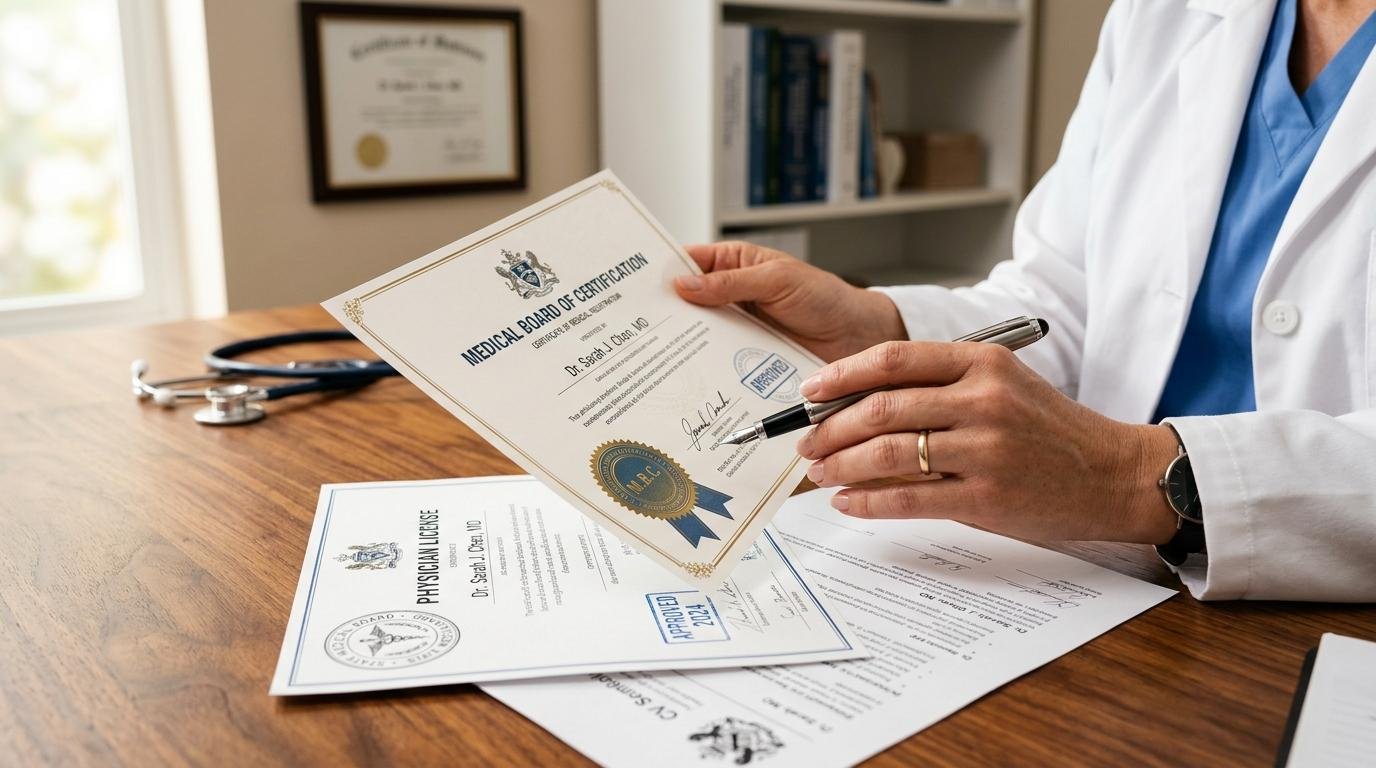 Doctor reviewing professional medical licensing documents and certificates, representing international healthcare licensing, registration, and qualification assessment services.