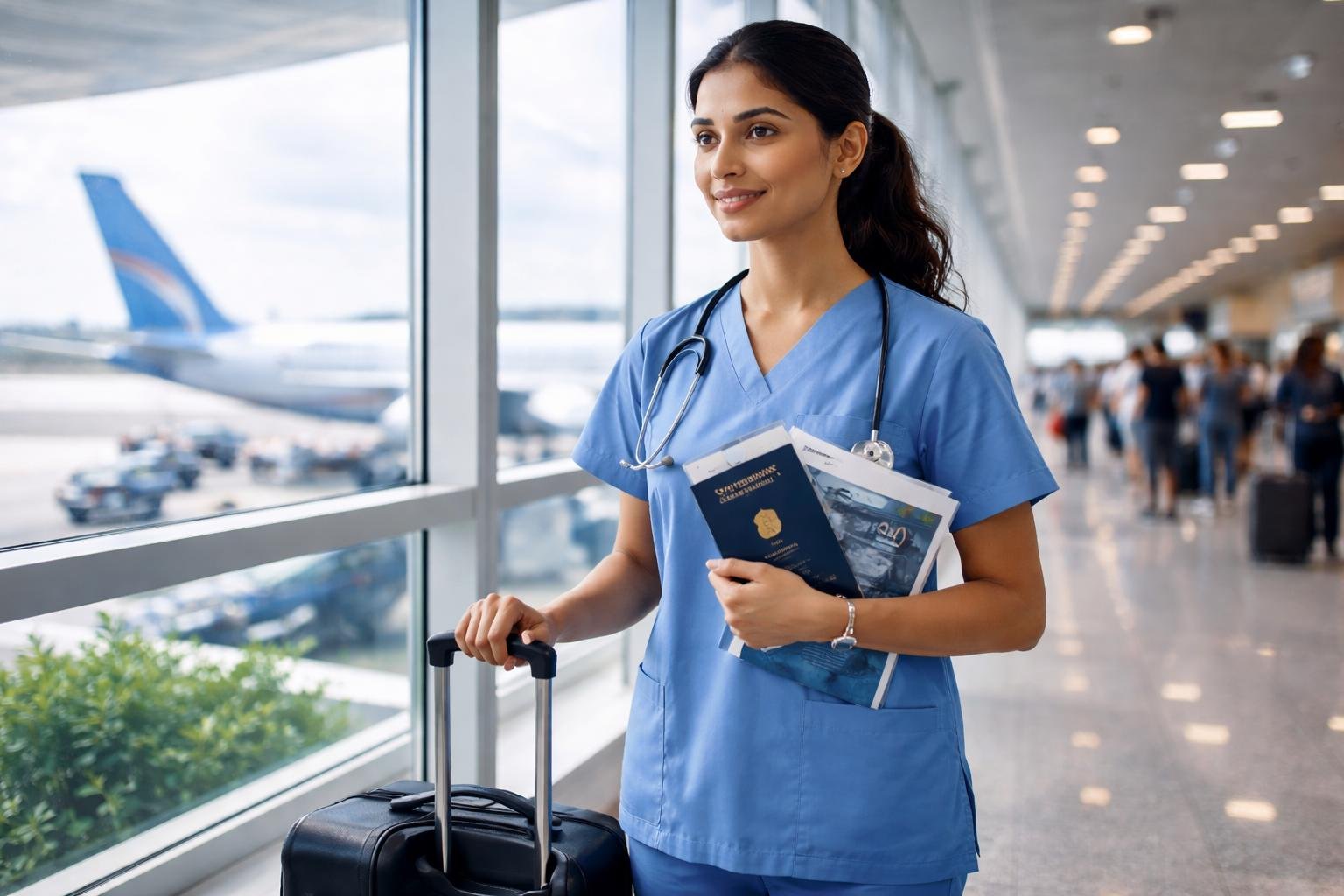 Healthcare professional preparing international travel and employment documents, representing overseas healthcare recruitment and relocation services.