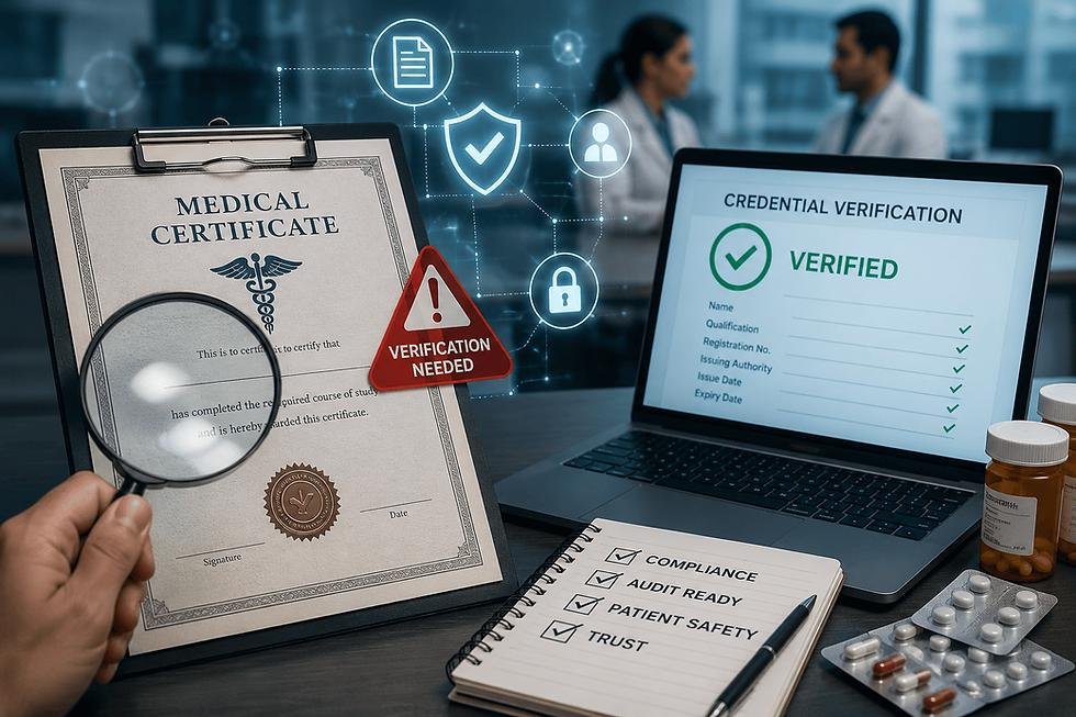 Healthcare credential verification documents and professional certificates representing DataFlow and primary-source verification application services.