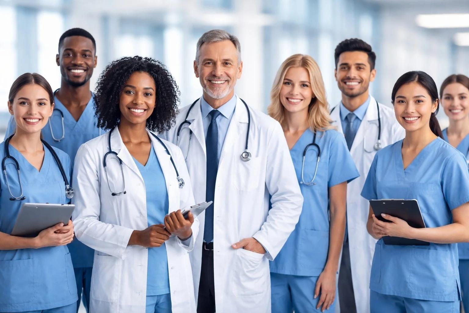 International team of doctors and nurses representing healthcare recruitment opportunities worldwide.